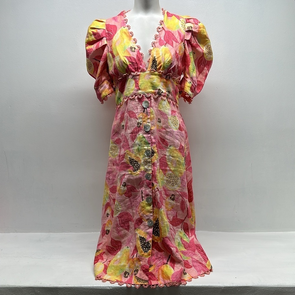 Farm Rio Pink Papaya Leaf Dress Linen Button Down Midi Short Sleeve Size Small - Picture 7 of 13
